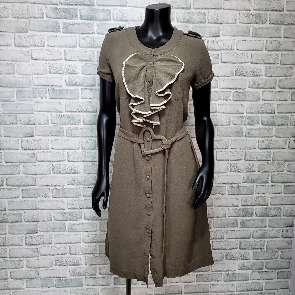 Viktor & Rolf‎ by H&M Womens 10 Taupe Silk Ruffle Button Front Heart Belt Dress